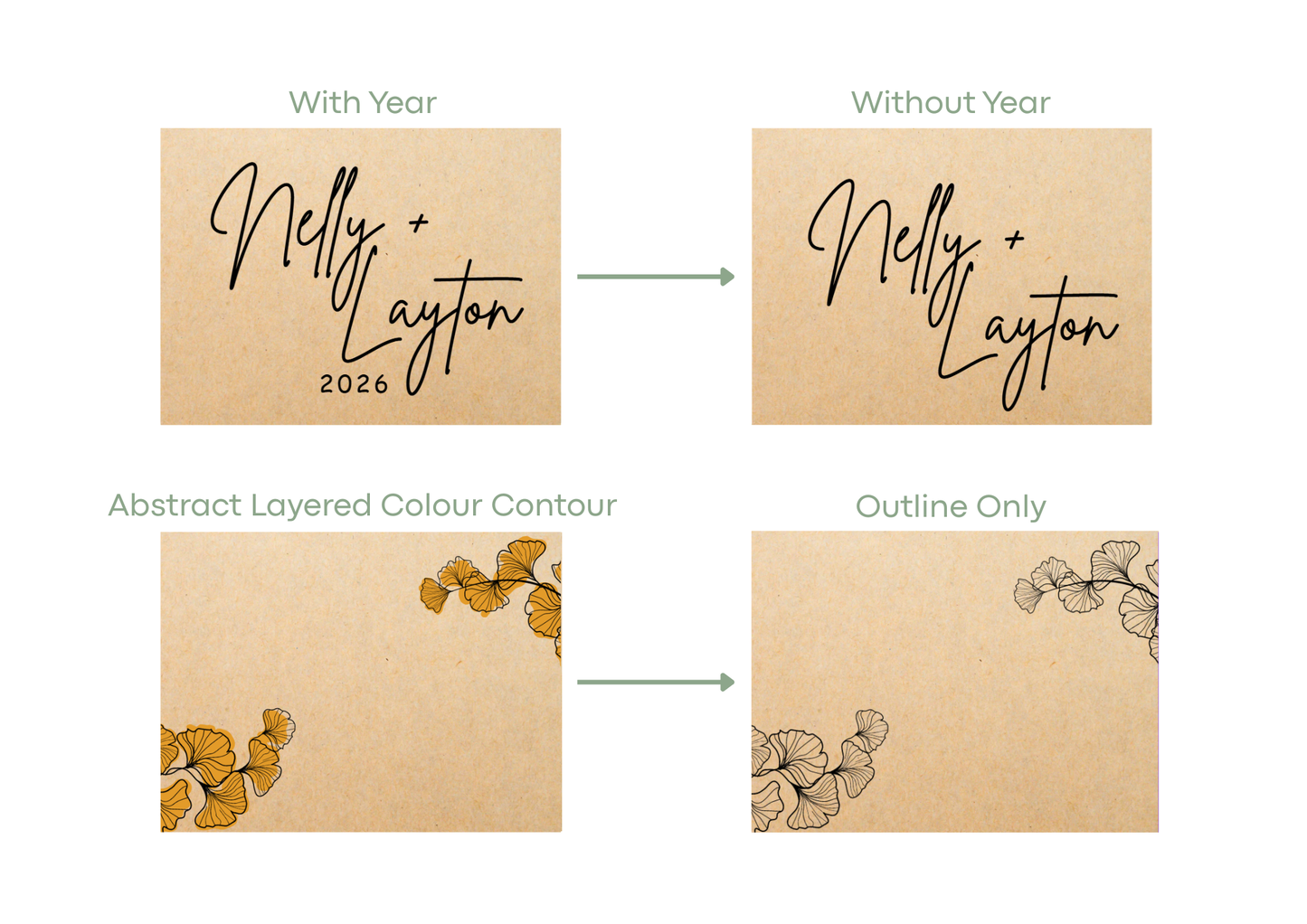 Design options for a personalized card with names 'Nelly + Layton' and year '2026', featuring abstract layered color contour and outline only.