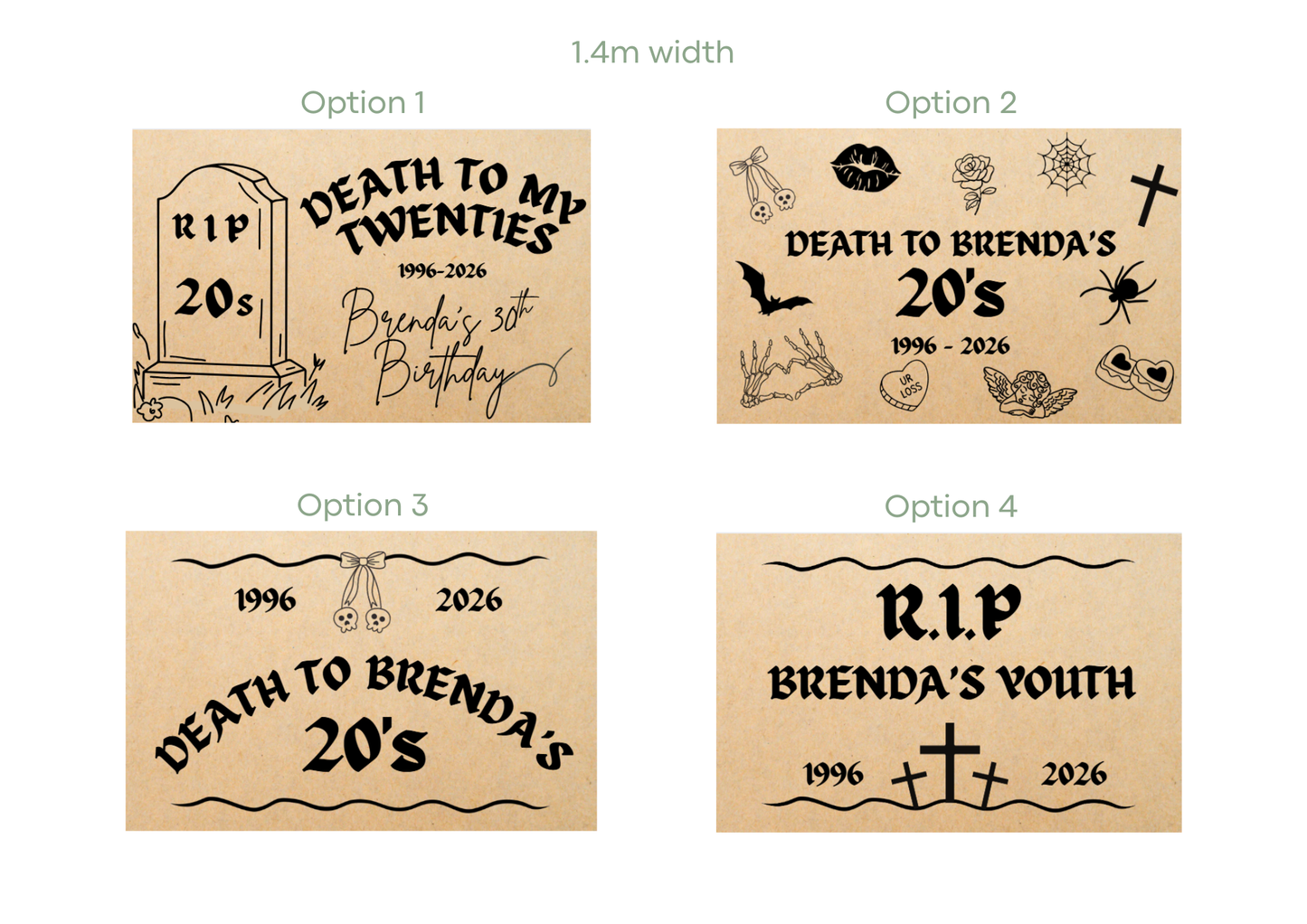 Four design options for a themed birthday banner with text and graphics on a beige background.