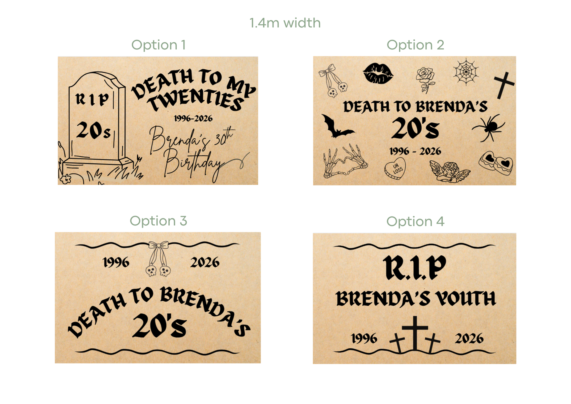 Four design options for a themed birthday banner with text and graphics on a beige background.